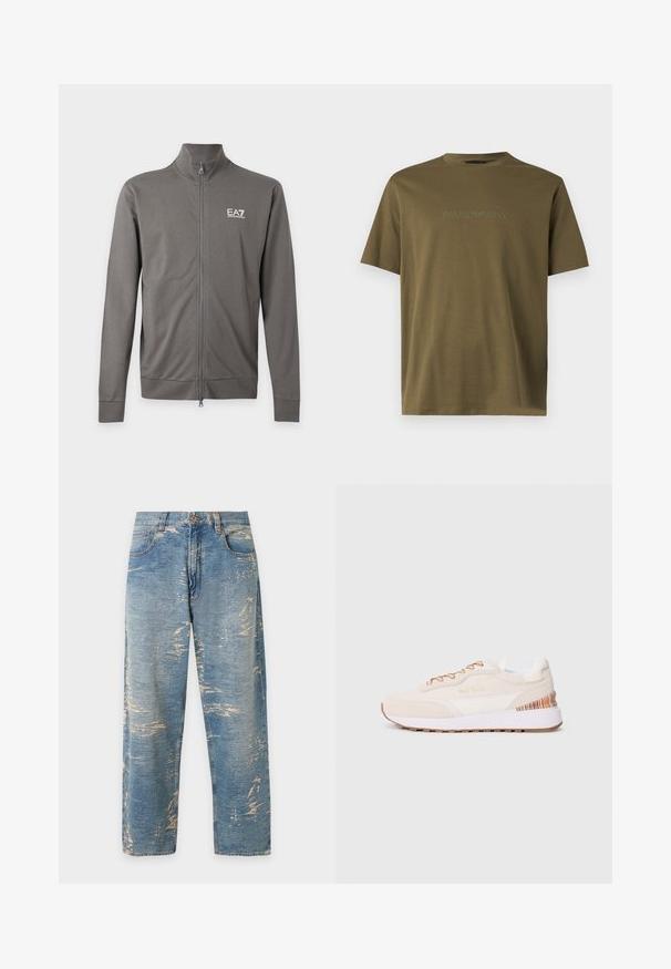 Veste grise à manches longues zippée avec col montant et petit logo blanc EA7 Emporio Armani sur la poitrine gauche.; T-shirt court olive avec col rond et logo Emporio Armani discrètement brodé au centre de la poitrine.; Jean bleu clair à jambes droites, taille haute avec des détails délavés et usés sur tout le tissu.; Baskets avec une tige en suède beige, des accents blancs, une semelle en caoutchouc marron et un détail rayé coloré sur le talon ; elles sont dotées de lacets marron.