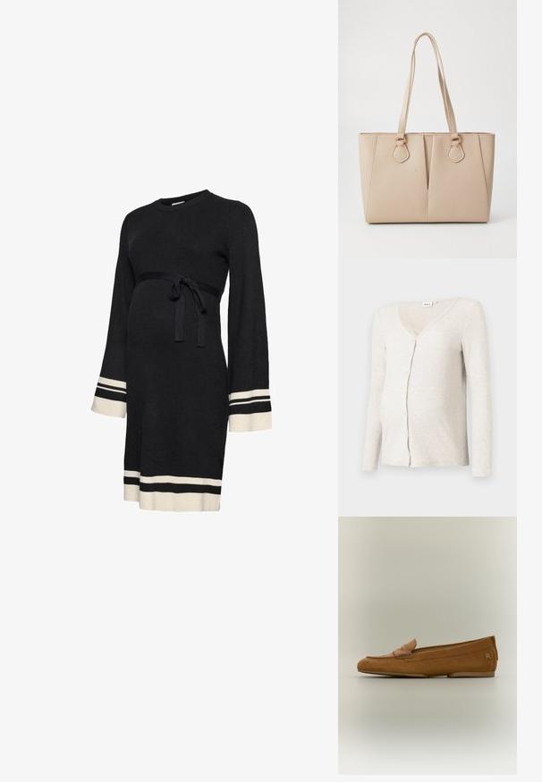 Lys beige ribbet graviditetscardigan med V-hals, lange ærmer og knaplukning; blød tekstur og tætsiddende design omkring maven.; Sort ribstrikket graviditetskjole med lange ærmer, tilpasset taljebånd og hvide accentstriber ved manchetterne og kanten. Blød tekstur.; Brun ruskind damesko med syet remdetalje og et lille metalisk logo på hælen, vist på en neutral baggrund.; Beige tote taske lavet af tekstureret kunstlæder, med dobbelte håndtag og guldfarvede hardware accenter. Designet inkluderer en delt frontdetalje.