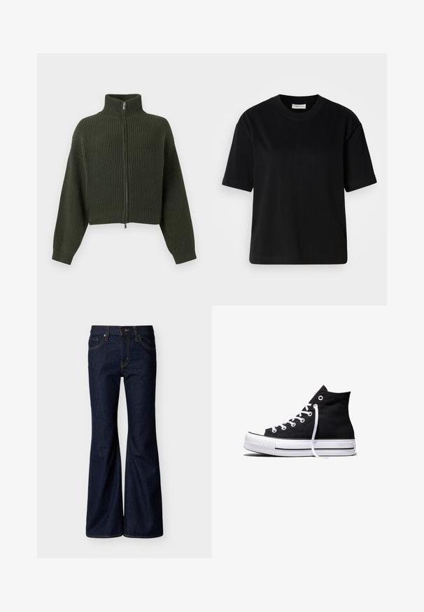 Strikket cropped cardigan i mørkegrøn med høj krave og lynlås foran. Har brede ærmer og ribbet tekstur over hele stoffet.; Sort bomulds T-shirt med korte ærmer, rund halsudskæring og en afslappet pasform. Glat tekstur og minimal design uden synlige mønstre eller accenter.; Mørkeblå denimjeans med vide ben, frontknap og lynlås, samt fem-lomme-design med kontrastsyning.; Sort high-top canvas sneaker med hvid gummisål og hvide snørebånd, vist fra siden mod en hvid baggrund.