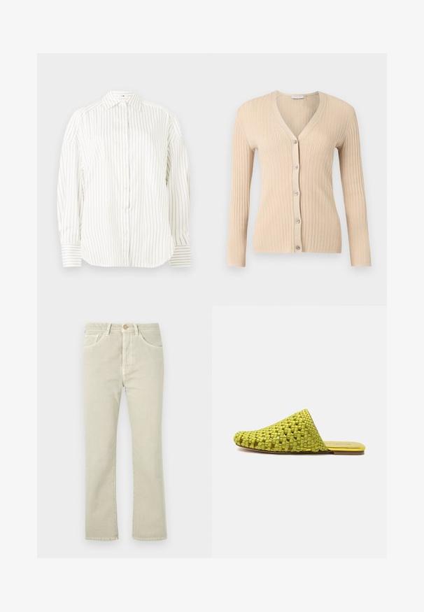 Beige ribstrikket cardigan med lange ærmer, V-hals og fem knapper foran, vist på en lysegrå baggrund.; Hvid skjorte med diskrete lodrette gyldne striber, klassisk krave og let puffede ærmer, med strukturerede manchetter med matchende striber.; Lysebeige jeans med lige ben, lukkes med knap, har fem lommer og diskrete syningsdetaljer, lavet af denimstof.; Grøn vævet slip-on mule med flad sål og lukket spids, designet til afslappet brug.