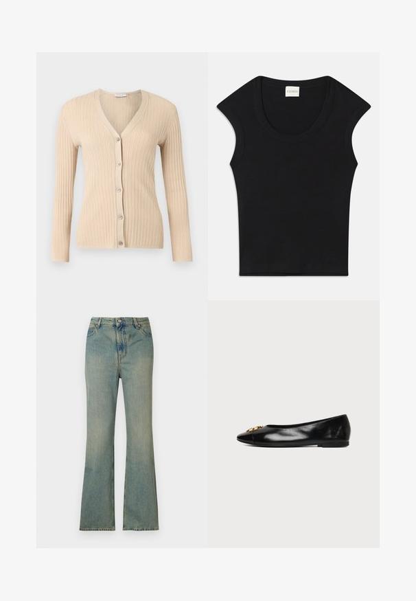 Beige ribstrikket cardigan med lange ærmer, V-hals og fem knapper foran, vist på en lysegrå baggrund.; Sort ærmeløs top lavet af blødt stof med rund halsudskæring og tætsiddende pasform. Har et mærke med teksten "CLOSED" i halsen.; Lysblå denim flare jeans med høj talje, fem lommer og lynlås. Ren, falmet finish med subtile syninger.; Sort flad sko i læder med spids snude og gyldent dekorativt emblem på ens hvid baggrund.