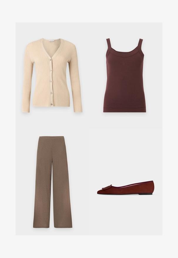 Cardigan beige en maille côtelée avec manches longues, col en V et cinq boutons sur le devant, affiché sur un fond gris clair.; Débardeur brun côtelé sans manches avec encolure carrée et logo brodé discret au centre devant.; Pantalon marron à jambes larges avec ceinture plate, sans poches ni fermetures visibles, présenté sur un fond blanc.; Chaussure plate en daim marron pour femme avec bout pointu et grande boucle décorative sur le dessus sur fond uni.