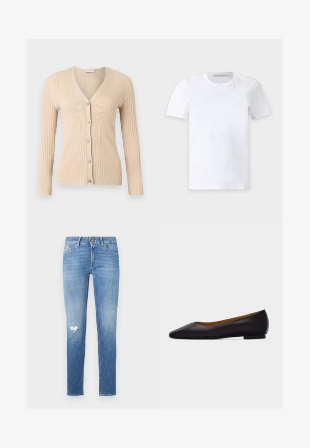 Cardigan beige en maille côtelée avec manches longues, col en V et cinq boutons sur le devant, affiché sur un fond gris clair.; T-shirt blanc uni à manches courtes et col rond avec une petite étiquette de marque à l'intérieur du col portant la mention "Tiger of Sweden."; Jean skinny bleu avec un effet délavé et un petit trou usé sur la cuisse gauche, doté de poches avant et d'une fermeture à bouton.; Chaussure plate en cuir noir à bout pointu avec talon bas et finition lisse, vue de côté sur un fond gris clair.