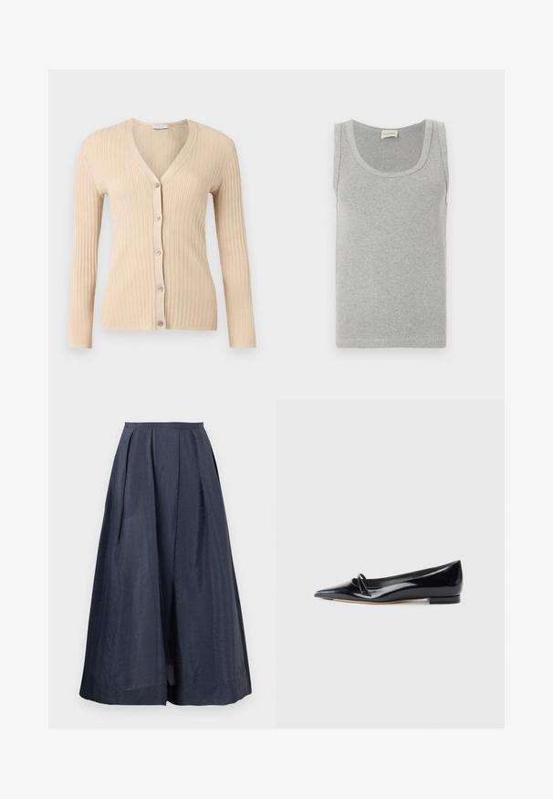 Beige ribbed knit cardigan with long sleeves, V-neck, and five front buttons, displayed on a light gray background.; Light grey ribbed sleeveless tank top with scoop neckline and small embroidered logo near hem.; Navy blue midi skirt with high waist, wide flare, and subtle pleats on a plain background.; Black patent leather flat shoe featuring a pointed toe, small decorative strap, and low block heel. Smooth texture and sleek design.