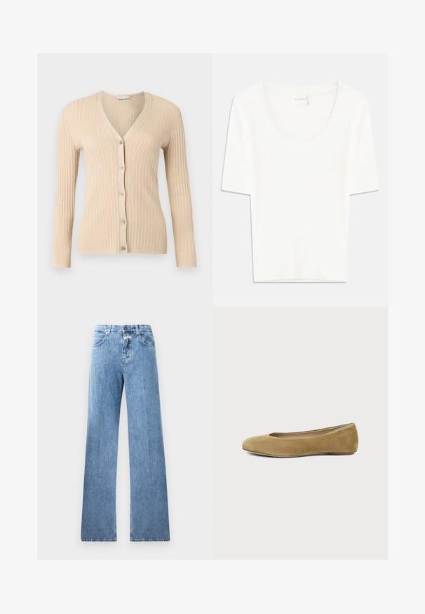 Beige geribde gebreide cardigan met lange mouwen, V-hals en vijf knopen aan de voorkant, weergegeven op een lichtgrijze achtergrond.; Witte T-shirt met korte mouwen en een ronde hals. Gemaakt van zacht katoen, heeft het een comfortabele pasvorm en een minimalistisch ontwerp.; Lichtblauwe denim jeans met een wijde pasvorm, vijf zakken, lussen voor een riem en een knoopsluiting. De stof heeft een gladde textuur.; Enkele lichtbruine suède ballerina met een afgeronde neus en lage hak, getoond vanaf de zijkant tegen een effen witte achtergrond.