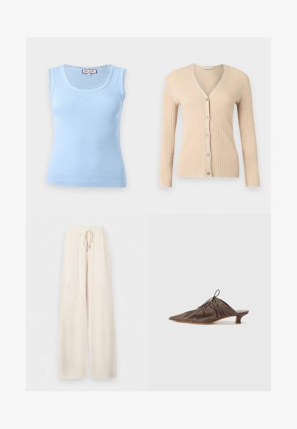 Cardigan beige en maille côtelée avec manches longues, col en V et cinq boutons sur le devant, affiché sur un fond gris clair.; Haut sans manches bleu clair à côtes avec bordure en dentelle aux emmanchures et à l'encolure, petit logo brodé "PJ" centré sous l'encolure.; Pantalon ample de couleur crème avec ceinture élastique et cordon de serrage, fabriqué en tissu léger.; Mule en cuir marron avec un bout pointu, texture froncée, petit talon et un accent de cordon de serrage à l'ouverture. Fini lisse.