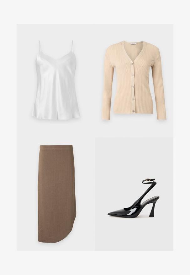 Cardigan beige en maille côtelée avec manches longues, col en V et cinq boutons sur le devant, affiché sur un fond gris clair.; Haut camisole en satin blanc avec fines bretelles spaghetti et décolleté en V, présenté à plat sur un fond neutre.; Jupe crayon marron longueur genou avec un ourlet asymétrique et une taille ajustée, affichée sur fond blanc.; Escarpins noirs en cuir verni avec un bout pointu, sangle ajustable à la cheville et un talon bloc modéré. Texture lisse avec finition brillante.