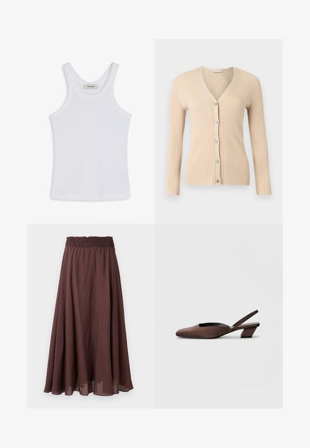 Beige ribstrikket cardigan med lange ærmer, V-hals og fem knapper foran, vist på en lysegrå baggrund.; Hvid tank top lavet af glat stof, med en rund halsudskæring og brede skulderstropper, med et mærke indeni, der står "IVY OAK."; Brun, lang A-formet nederdel med indsamlende elastisk talje og let, let krøllet stof, vist på en ensfarvet baggrund.; Brun slingback sko med blød stofoverdel, spids tå og geometrisk blokhæl, med et udskæring design for åndbarhed.