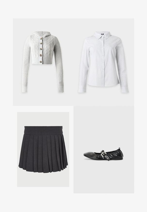 Lys grå, cropped kabelstrikket cardigan med lange ærmer, hætte og fem brune knapper foran, vist på en ensfarvet baggrund.; Hvid langærmet skjorte med tynde lodrette sorte striber og spids krave, vist på en hvid baggrund.; Grå plisseret nederdel med flad talje og lynlås, lavet af et struktureret stof med jævnt fordelte dybe plisseringer.; Sorte læder flade sko med spids tå, samling detaljer omkring åbningen, og en sølv spænde accent på den justerbare rem.