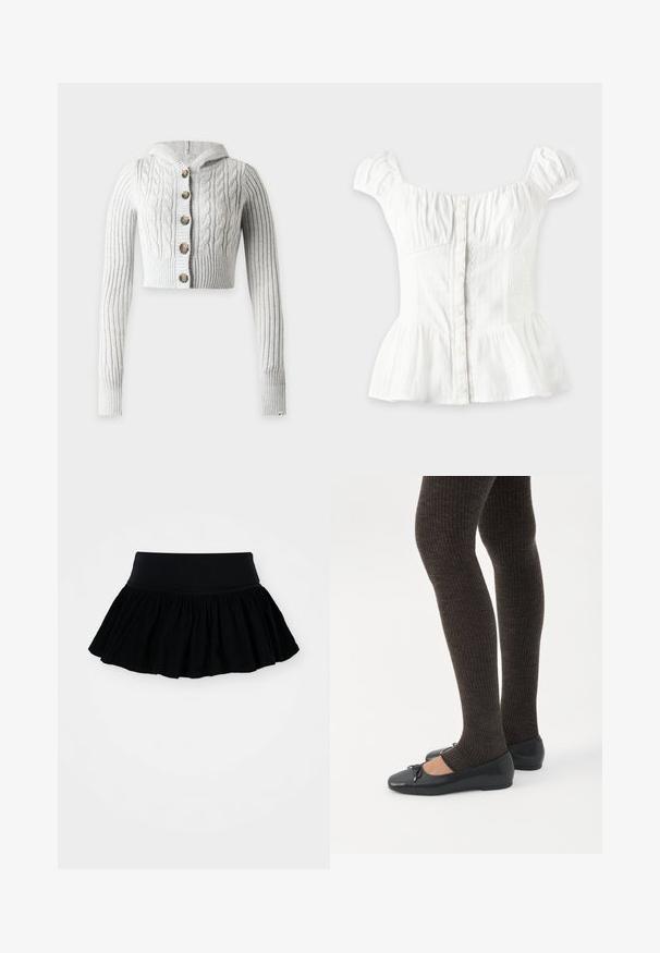 Cárdigan corto de punto trenzado gris claro con mangas largas, capucha y cinco botones marrones en la parte delantera, mostrado sobre un fondo liso.; Blusa blanca de manga corta con botones en el frente, busto fruncido, laterales elásticos, mangas abullonadas y bajo peplum acampanado sobre un fondo claro.; Falda negra acampanada con tejido fruncido y texturizado y una cinturilla ancha. Diseño simple, sin patrones ni herrajes presentes.; Piernas con leggings oscuros acanalados combinados con bailarinas negras que presentan pequeños detalles de lazo sobre un fondo blanco.