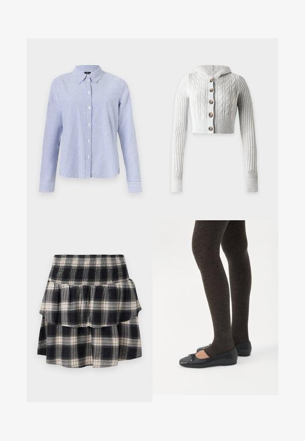 Gilet court gris clair en maille torsadée, à manches longues, avec une capuche et cinq boutons marron sur le devant, présenté sur un fond uni.; Chemise à manches longues boutonnée, avec des rayures verticales blanches et bleu clair et un col pointu, présentée sur un fond uni.; Jupe à volants à carreaux noir et blanc avec taille smockée. Avec des couches froncées et une texture douce en coton.; Jambes portant des leggings côtelés foncés associés à des ballerines noires avec de petits détails en nœud sur fond blanc.