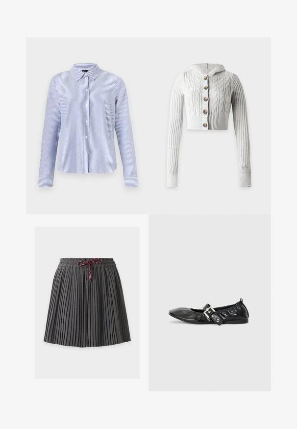 Gilet court gris clair en maille torsadée, à manches longues, avec une capuche et cinq boutons marron sur le devant, présenté sur un fond uni.; Chemise à manches longues boutonnée, avec des rayures verticales blanches et bleu clair et un col pointu, présentée sur un fond uni.; Jupe plissée gris foncé avec une taille élastique et un cordon bordeaux noué au centre devant.; Chaussure plate en cuir noir avec un nez pointu, des détails froncés autour de l'ouverture et un accent en boucle argentée sur la bride ajustable.