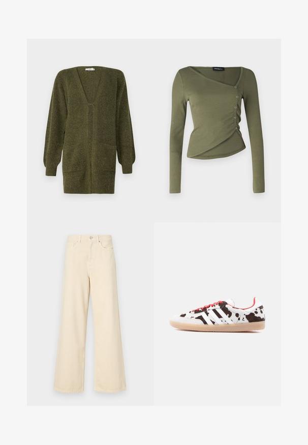 JDY JDYINGEBORG - Gilet - dark green; Haut à manches longues, vert olive, en tissu côtelé. Présente un design drapé avec un col en V et des boutons sur le côté le long de l'ourlet superposé.; Jean large beige en coton. Doté d'une fermeture à bouton, de passants de ceinture et de poches avant avec une texture douce et lisse.; Baskets blanches avec un motif imprimé vache, lacets rouges et trois bandes blanches. Tige texturée et semelle en caoutchouc gomme.