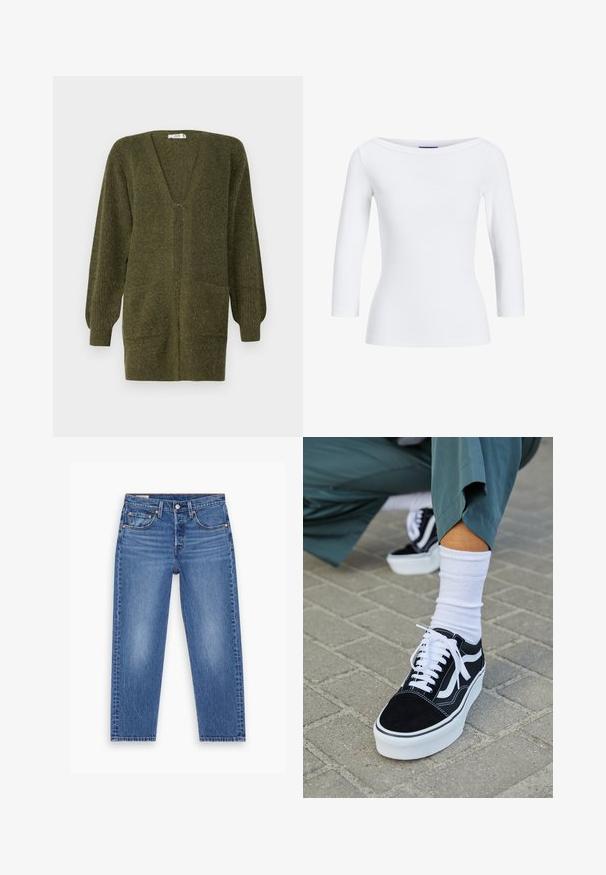 JDY JDYINGEBORG - Cardigan - dark green; Hvid, ribbet langærmet top med bådudskæring. Stoffet er glat, tætsiddende og har en ren afslutning ved manchetterne og kanten.; Blå højtaljede lige ben jeans med frontknap, lynlås og fem-lomme design, vist fladt på en hvid baggrund.; Sorte ruskinds sneakers med hvide accenter og snørebånd, der har en tyk hvid sål og kontrasterende syninger, parret med en hvid sok.