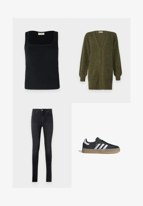 JDY JDYINGEBORG - Chaqueta de punto - dark green; Top sin mangas negro con escote cuadrado, hecho de una tela suave. Diseño simple sin patrones ni acentos visibles.; Jeans de denim negros de corte slim con cinco bolsillos y cierre de botón en la cintura, exhibidos sobre un fondo blanco liso.; Zapatilla deportiva de cuero negro con tres rayas plateadas, punta texturizada y suela de goma. Cuenta con un collar acolchado y un diseño con cordones.