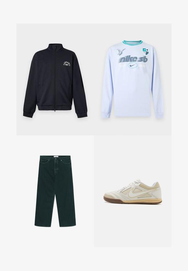 Sort lynlåsjakke med elastiske manchetter og kant, to sidelommer og hvidt "Carhartt WIP" logo på venstre bryst.; Lyseblå langærmet skjorte med turkis halsstriber, grafisk tekst "nike sb EST. 2002", Nike-logo, fugleillustration og fire-ikon skjold på brystet.; Mørkegrønne vidde denimjeans med knap- og lynlås lukning, forlommer og bæltestropper, liggende fladt på en hvid baggrund.; Hvid atletisk sko med en struktureret overdel, grå accenter, snørebånd og en tan gummisål. Har et karakteristisk logo på siden.