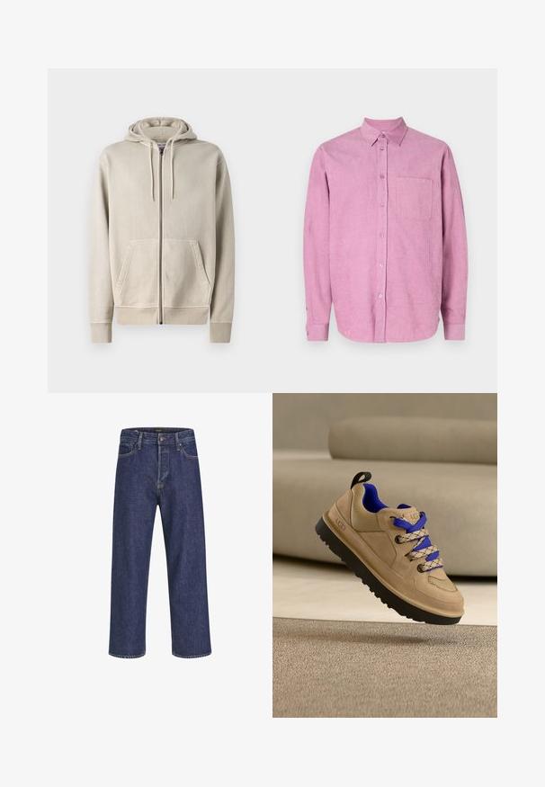 Samsøe Samsøe PIGMENT ZIP HOODIE - Sweatjacke - moonstruck; Rosa Cordura-Hemd mit Button-Down-Kragen, langen Ärmeln und einer einzelnen Brusttasche. Mit vertikaler Rippung und Knopfverschluss vorne.; Dunkelblaue Denim-Jeans mit geradem Schnitt, Fünf-Taschen-Design, Metallknopfverschluss und kontrastierenden Nähten, die eine dezente Textur aufweisen.; Beiger UGG-Sneaker mit schwarzer Sohle und blauem Innenfutter, ausgestattet mit zweifarbigen blau-beigen Schnürsenkeln, schwebt über einem strukturierten beigen Teppich.