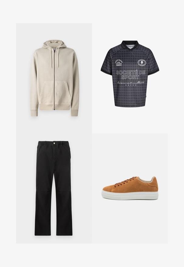 Samsøe Samsøe PIGMENT ZIP HOODIE - Sweater met rits - moonstruck; Kortemouw sportshirt in zwart en grijs met diamantpatroon, zwarte kraag, witte tekst "SOCIÉTÉ DE SPORT" en logo's op de borst.; Zwarte katoenen broek met een elastische tailleband, voorzien van een recht model, een gladde textuur en zonder zichtbare accenten of patronen.; Tanm kleurige suède casual schoenen met bruine veters, een witte rubberen zool, een ronde neus en een minimalistisch ontwerp met een gestructureerde hakaccent.