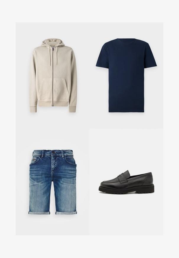 Samsøe Samsøe PIGMENT ZIP HOODIE - Sweatjakke - moonstruck; Marineblå bomulds t-shirt med korte ærmer, rund halsudskæring og almindelig pasform. Glat tekstur, ingen mønstre eller synligt hardware.; Denimshorts i mellemblå med en let slidt finish. Har smalle opsmæk, fem-lommer design og en metalknap lukning.; Sort læder loafersko med rund tå, syningsdetaljer og en tyk, struktureret sål. Har et elegant, minimalistisk design.