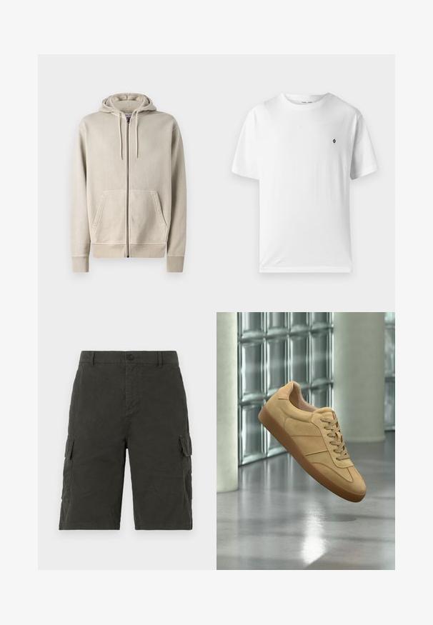 Samsøe Samsøe PIGMENT ZIP HOODIE - Sweat zippé - moonstruck; T-shirt en coton blanc à col rond, manches courtes, avec un petit logo noir sur la poitrine. Texture douce, coupe décontractée.; Shorts cargo verts foncés en tissu léger, dotés de deux poches latérales et d'une fermeture à bouton à la taille.; Baskets beiges en daim avec semelle en gomme, design à lacets, flottant à l'intérieur sur un sol en béton poli près d'un mur en blocs de verre.
