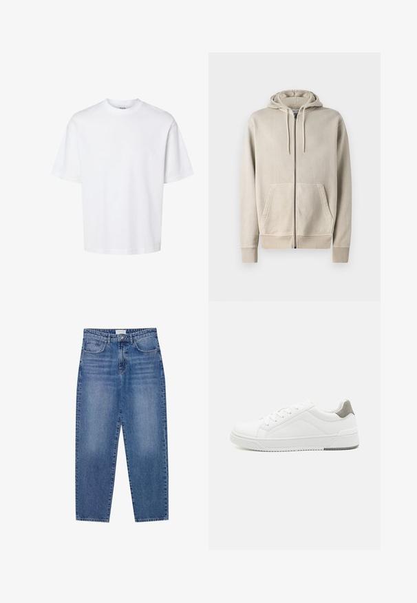 Samsøe Samsøe PIGMENT ZIP HOODIE - Lukuga pusa - moonstruck; Lihtne valge lühikeste varrukatega t-särk ümara kaelusega, mugava istuvusega, esitatud ühevärvilisel taustal.; Sinine denimpüksid kõrge vöökoht, sirge jala disain ja kulunud viimistlus. Omab viit taskut ja nööbikinnitust.; Valge tenniseking sileda nahaga, ümar varvas, minimalistlik disain, hall kand, ja tekstureeritud kummist tald.