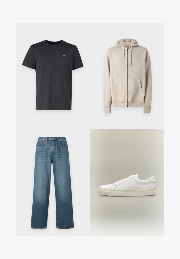 Samsøe Samsøe PIGMENT ZIP HOODIE - Φούτερ με φερμουάρ - moonstruck; Σκούρο γκρι κοντομάνικη μπλούζα από βαμβάκι, με λαιμόκοψη τύπου crew και μικρό λογότυπο στην αριστερή πλευρά του στήθους. Λείο ύφασμα.; Φαρδιά σκούρα μπλε τζιν παντελόνια με κλείσιμο κουμπιού, θηλάκια ζώνης και ξεθωριασμένη υφή. Διαθέτουν πέντε τσέπες και ραφές σε αντίθεση.; Λευκό sneaker χαμηλού τύπου με κορδόνια μπροστά και χοντρή σόλα, εμφανίζεται από το πλάι σε ουδέτερο φόντο.