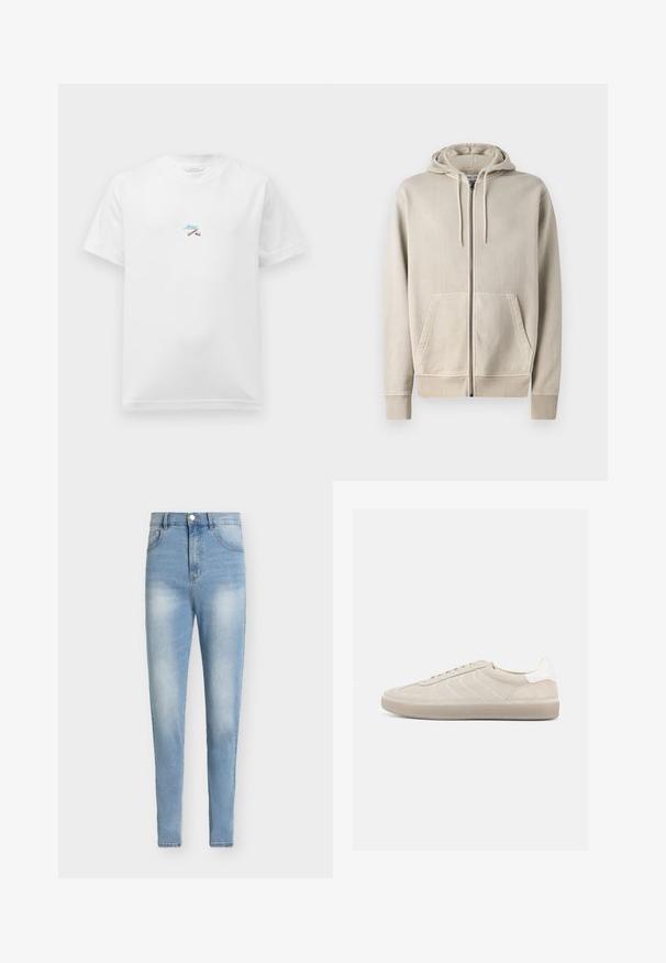 Samsøe Samsøe PIGMENT ZIP HOODIE - Lukuga pusa - moonstruck; Valge lühikeste varrukatega T-särk, millel on rinnal väike värviline tikand ristatud pulkadest ja sinine kirjutäheline tekst.; Hele sinine kõrge vöökohaga teksapüksid teksariidest. Slim-fit lõige pleekimiste ja viie taskuga, metallist nööbkinnitusega.; Beežist seemisnahast toss, millel on tekstureeritud ülaosa, sile valge kannaosa, õhukesed paelad ja kummist tallamaterjal. Iseloomustab madala profiiliga disain.