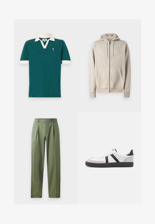Samsøe Samsøe PIGMENT ZIP HOODIE - Sweater met rits - moonstruck; Teal poloshirt met een witte kraag en accenten op de mouwen. Heeft een v-halsontwerp en een klein decoratief embleem op de linkerborst.; Aangepaste broeken van olijfgroen stof met een gladde textuur, voorzien van twee voorplooien, riemlussen en een rechte broekleg.; Witte sneaker met zwarte en grijze accenten, voorzien van een grijze neus met textuur, zwarte rubberen zool en platte witte veters. Schoon ontwerp, minimalistische stijl.