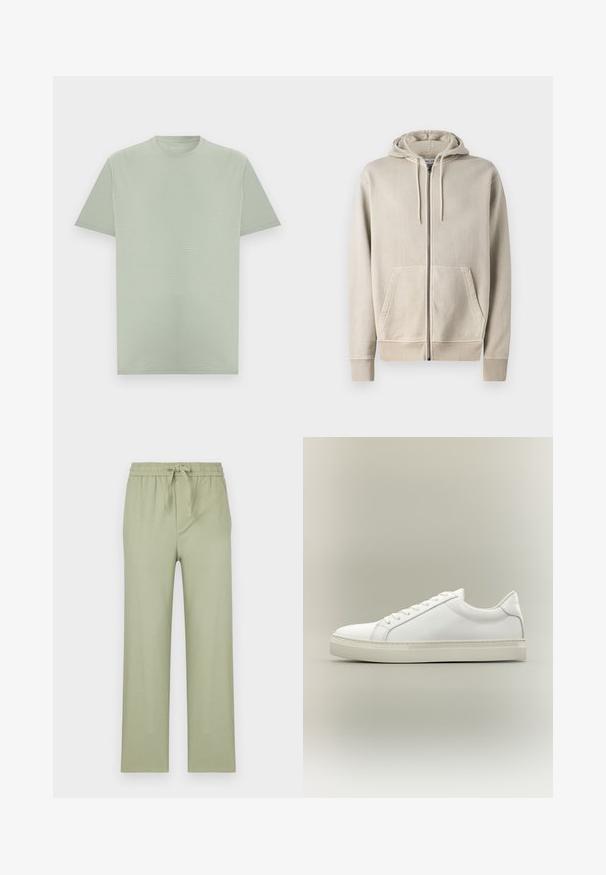 Samsøe Samsøe PIGMENT ZIP HOODIE - Sweat zippé - moonstruck; T-shirt vert clair à manches courtes et col rond avec une texture subtile de rayures horizontales, présenté sur un fond neutre.; Pantalons en vert olive clair, fabriqués en tissu doux. Dotés d'une taille élastique avec cordon de serrage et de jambes droites à coupe ample.; Baskets blanches basses à lacets sur l’avant et semelle épaisse, vues de côté sur un fond neutre.
