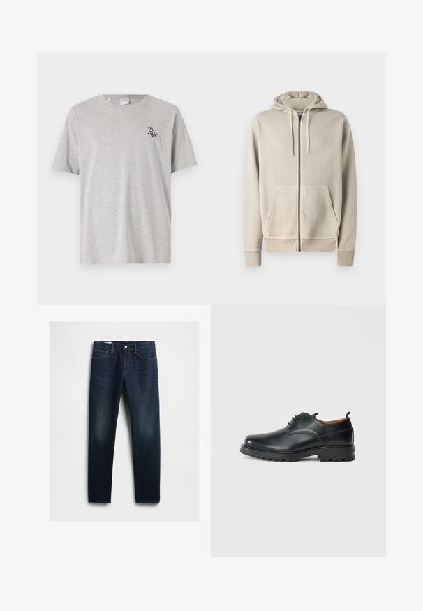 Samsøe Samsøe PIGMENT ZIP HOODIE - Lukuga pusa - moonstruck; Halli puuvillane T-särk, millel on ümar kaelus, lühikesed varrukad ja mereväe sinine graafiline detail vasakul rinnal. Pehme tekstuur ja mugav lõige.; Tumedat sinised denim püksid sirge lõikega, viie tasku, nupuväärise ja kergelt pleekinud osadega reite piirkonnas. Klassikaline õmblusdetail.; Mustad nahast derby kingad, millel on sile tekstuur, ümar varvas, nööpidega sulgemine ja paks, tugev kummist tald.