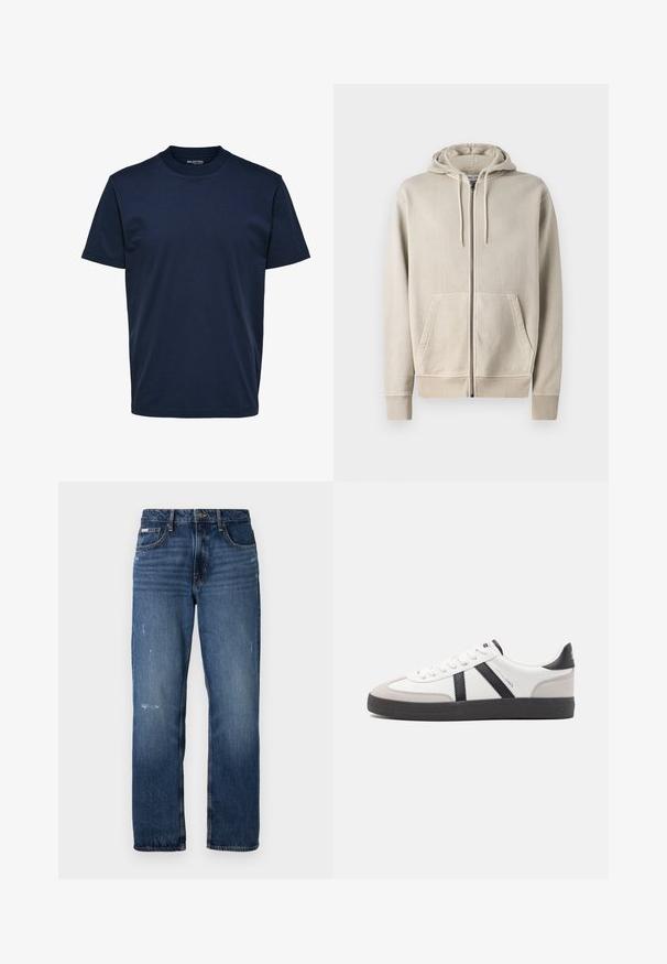 Samsøe Samsøe PIGMENT ZIP HOODIE - Lukuga pusa - moonstruck; Meeste ühevärviline tumesinine lühikeste varrukatega ümara kaelusega T-särk, regulaarse istuvusega, ilma nähtavate mustrite või logodeta.; Sinine denimist valmistatud sirge jala disainiga teksad. Esiosal on pleekinud alad ja kerge kulumine, klassikaline nupplukuga.; Valged tossud mustade ja hallide aktsentidega, tekstureeritud halli varbakattega, musta kummitald ja lamedad valged paelad. Puhtad jooned, minimalistlik stiil.