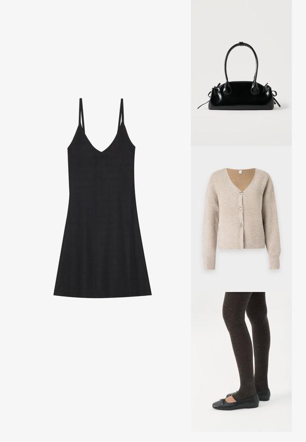 Cardigan beige et duveteux avec un col en V, trois boutons argentés sur le devant et des manches longues. Texture douce avec un éclat subtil.; Robe nuisette noire à rayures avec un décolleté en V et de fines bretelles réglables. Présente une coupe décontractée, tombant au-dessus des genoux, avec un design minimaliste.; Jambes portant des leggings côtelés foncés associés à des ballerines noires avec de petits détails en nœud sur fond blanc.; Petit sac à main noir brillant avec deux longues anses et des détails à cordon sur les côtés sur un fond clair uni.