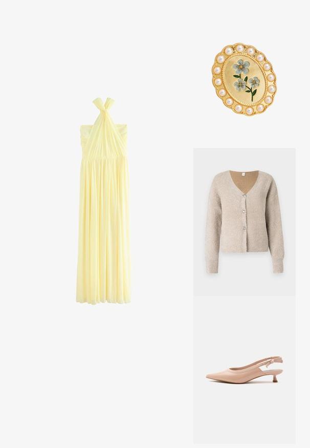 Beige, fluffy cardigan met een V-hals, drie zilveren knopen aan de voorkant en lange mouwen. Zachte textuur met een subtiele glans.; Lange, lichtgele halterjurk met geplooide stof rond de buste en een vloeiende geplooide rok, weergegeven op een witte achtergrond.; Beige lakleren puntige slingback schoen met lage kittenhak en elastisch bandje met subtiele branding.; Gouden ovale broche met blauwe emaillen bloemen in het midden, omringd door een rand van ronde witte parels.