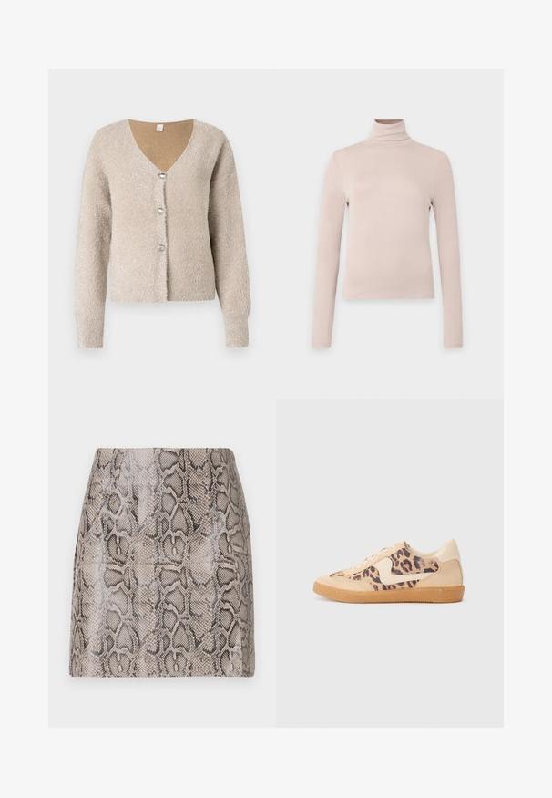 Cardigan beige y esponjoso con escote en V, tres botones plateados en la parte delantera y mangas largas. Textura suave con un sutil brillo.; Top de cuello alto de manga larga en beige claro, fabricado con una tela elástica y suave, con un diseño ajustado y un cuello alto. Sin patrones ni acentos visibles.; Una mini falda ajustada con un acabado brillante, textura de imitación de serpiente en tonos de beige y negro, con un acabado suave y sin cierres visibles.; Zapatillas de leopardo con parte superior de ante beige, suela de goma marrón y acentos blancos. Punta redonda y diseño con cordones con un acabado texturado.