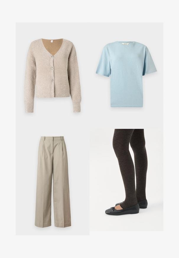 Cardigan beige et duveteux avec un col en V, trois boutons argentés sur le devant et des manches longues. Texture douce avec un éclat subtil.; T-shirt à manches courtes bleu clair avec col rond, à texture lisse, présenté sur un fond gris neutre.; Pantalons larges beiges en tissu lisse, dotés d'une taille ajustée, de plis et d'une coupe ample au niveau des jambes. Design simple et lignes épurées.; Jambes portant des leggings côtelés foncés associés à des ballerines noires avec de petits détails en nœud sur fond blanc.
