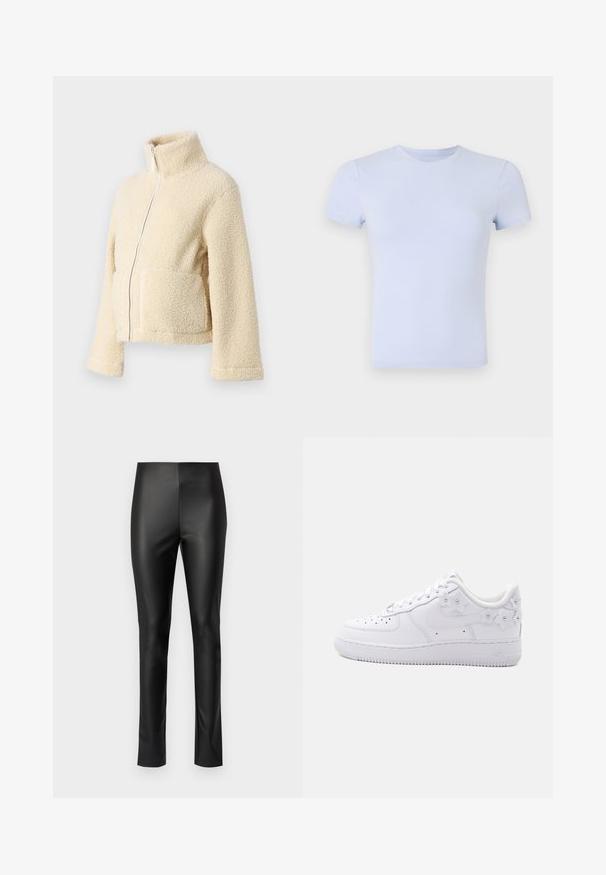 Chaqueta de forro polar crema con cuello alto, cremallera frontal y dos bolsillos de parche. Presenta una superficie suave y texturizada y mangas anchas.; Good American SUPER STRETCH BABY TEE - Camiseta básica - periwinkle; Mallas de cuero sintético negro con un diseño elegante y ajustado, que cuentan con una cinturilla elástica y sin hardware o adornos visibles.; Zapatilla blanca de caña baja con puntera perforada, logo Nike y detalles decorativos florales blancos en el talón y el lateral.