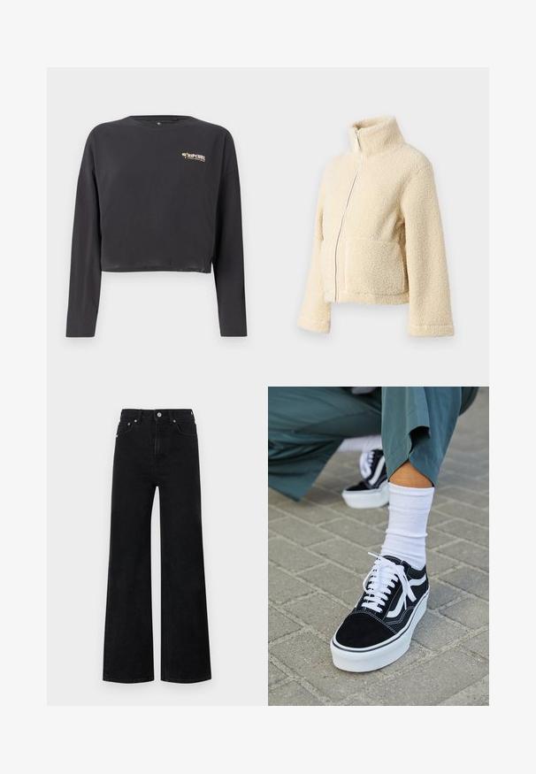 Veste en polaire crème avec un col haut, fermeture éclair frontale et deux poches à rabat. Présente une surface douce et texturée ainsi que des manches larges.; T-shirt à manches longues coupé en coton gris foncé, avec un petit logo Rip Curl multicolore sur la poitrine et une coupe décontractée.; Red Bull Racing x Pepe Jeans STRAIGHT FIT - Wide Leg - blue denim; Baskets en suède noir avec des accents et des lacets blancs, présentant une épaisse semelle blanche et des coutures contrastantes, associées à une chaussette blanche.