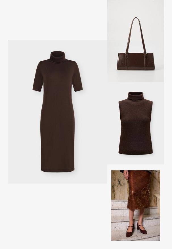 Pull sans manches col roulé marron foncé avec col, emmanchures et ourlet côtelés, présenté sur un fond uni gris clair.; Robe midi en maille marron foncé à manches courtes et col roulé haut, présentée sur un fond clair uni.; Femme portant une jupe midi en sequins bruns et des escarpins Mary Jane en crocodile texturé marron foncé, se tenant sur des escaliers en marbre.; Sac à main en cuir verni marron de forme rectangulaire, avec deux longues poignées et des accents courbés subtils à l'avant.