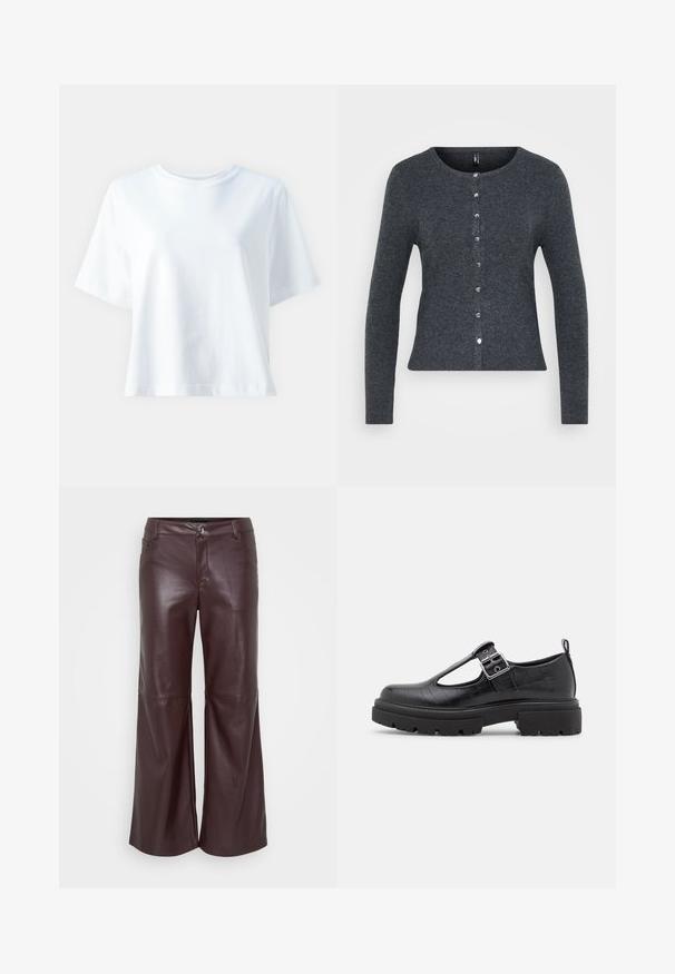 Cárdigan de punto en gris oscuro con cuello redondo, mangas largas y cierre de botones en la parte delantera. Presenta botones plateados y un diseño ajustado.; Camiseta de algodón blanca con cuello redondo, mangas cortas, ajuste relajado y textura suave. Sin patrones ni acentos visibles.; Pantalones de cuero burdeos de pierna ancha con una textura suave, que cuentan con un cierre de botón en la parte delantera, trabillas para cinturón y dos bolsillos laterales.; Zapato de imitación cuero negro con textura de cocodrilo, puntera redondeada, correa en el tobillo con hebilla metálica y suela de goma gruesa.