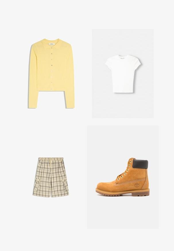 Cardigan jaune côtelé à manches longues avec boutons et large col, présenté à plat sur un fond blanc.; T-shirt blanc à manches courtes en coton doux, avec un col rond et une coupe ajustée. Pas de motifs ni d'ornements visibles.; Short cargo à carreaux beige et gris avec taille élastique, cordon de serrage et poches à rabat sur les deux côtés, posé à plat sur fond blanc.; Bottine en cuir marron avec rembourrage noir, œillets dorés et semelle texturée. Présente un logo circulaire sur le côté et des accents de couture.
