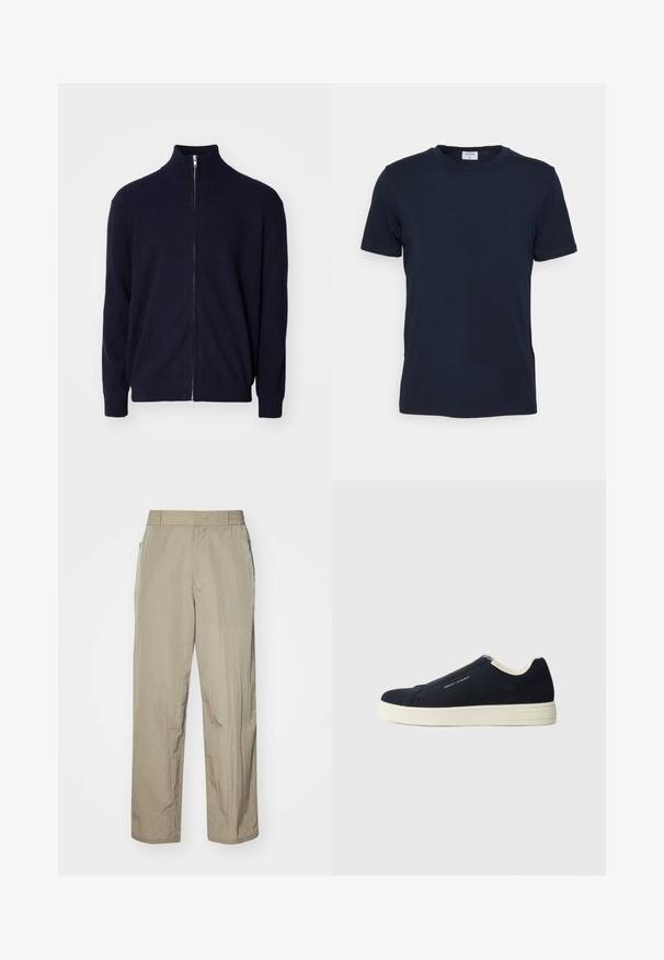 Marine-blauwe rits trui met hoge kraag, gestructureerde ribstof, lange mouwen en een metalen ritsluiting.; Marineblauwe crewneck t-shirt gemaakt van zachte stof. Korte mouwen met een klassieke pasvorm, met een label aan de hals. Soepele textuur, minimale uitstraling.; Beige, lichtgewicht broeken met een ontspannen fit, voorzien van een elastische tailleband en zijzakken. De stof ziet eruit alsof het een textuur heeft en iets gekreukt is.; Navy blauwe suède instapsneakers met een witte rubberen zool, voorzien van een gestikt ontwerp en subtiele branding aan de zijkant.