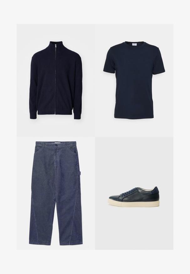 Marine-blauwe rits trui met hoge kraag, gestructureerde ribstof, lange mouwen en een metalen ritsluiting.; Marineblauwe crewneck t-shirt gemaakt van zachte stof. Korte mouwen met een klassieke pasvorm, met een label aan de hals. Soepele textuur, minimale uitstraling.; WOOD WOOD WWWILSON TWISTED SEAM TROUSERS - Broek - envy green; Marineblauwe leren sneaker met een crèmekleurige rubbersole, voorzien van blauwe veters en een gladde textuur. Ronde neus en minimalistisch ontwerp.