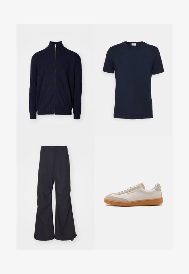 Sweater zippé bleu marine avec un col haut, en tissu côtelé texturé, à manches longues et avec une fermeture éclaire en métal.; T-shirt bleu marine à col ras du cou fabriqué en tissu doux. Manches courtes avec une coupe classique, avec une étiquette au niveau du col. Texture lisse, design minimal.; Pantalons à jambe large bleu marine en tissu lisse, dotés de deux poches avant et d'accents en cordon à l'ourlet. Design épuré et bien taillé sans embellissements.; Baskets basses blanches et beiges avec semelle en caoutchouc, lacets blancs, détails en daim et logo doré "Paul Smith" sur le côté.