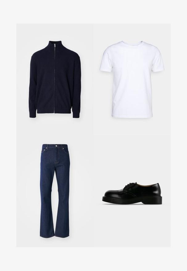 Marine-blauwe rits trui met hoge kraag, gestructureerde ribstof, lange mouwen en een metalen ritsluiting.; Witte katoenen t-shirt met korte mouwen en een ronde hals. Eenvoudig ontwerp zonder patronen of accenten. Glad textuur.; Flared donkerblauwe jeans gemaakt van denim. Beschikt over vijf zakken, een ritssluiting aan de voorkant en een metalen knoopsluiting. Klassieke stikselaccenten.; Zwarte gepolijste leren veterschoen met dikke zool, afgeronde neus en lage hak, zijaanzicht op een effen achtergrond.