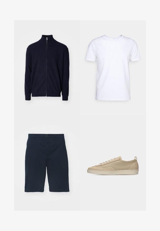 Sweater zippé bleu marine avec un col haut, en tissu côtelé texturé, à manches longues et avec une fermeture éclaire en métal.; T-shirt blanc à manches courtes en tissu de coton avec un col rond. Design simple sans motifs ni accents. Texture lisse.; Shorts bleu marine en coton avec une taille plate, une fermeture à bouton et des poches latérales. Longueur genou avec une texture lisse et des coutures nettes.; Baskets beige basses avec tige en tissu et daim, lacets blancs, semelle en caoutchouc et languette à l'arrière, présentées en profil latéral sur fond blanc.