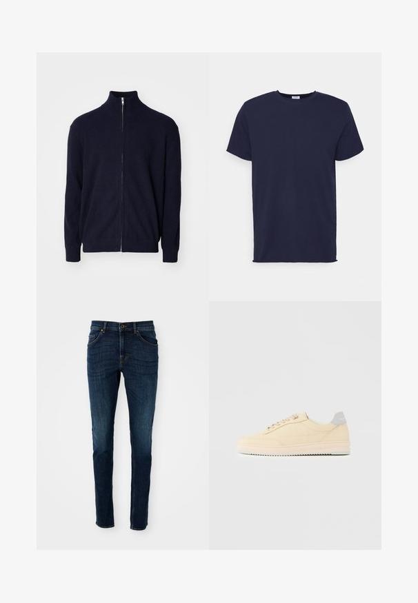 Marineblå zip-up sweater med høj krave, tekstureret ribbet stof, lange ærmer og metal lynlås.; Marineblå kortærmet t-shirt lavet af blødt stof. Har rund halsudskæring og en lige pasform uden mønstre eller accenter.; Mørkeblå denim jeans med slim fit, struktureret design, fem-lommes stil og let falmning langs benene og sømmene.; Beige lavtop sneaker med snørelukning foran, lyserød sål og grå hællap med mærket "Filling Pieces", vist i profil på ensfarvet baggrund.