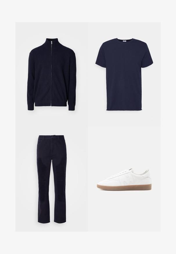 Marineblauer Reißverschluss-Pullover mit hohem Kragen, strukturiertem Rippstoff, langen Ärmeln und einem Metallreißverschluss.; Marineblaues T-Shirt mit kurzen Ärmeln aus weichem Stoff. Es hat einen Rundhalsausschnitt und einen geraden Schnitt ohne Muster oder Akzente.; Dunkelblaue Cordhosen aus glattem Stoff mit geradem Bein und horizontal gestreiften Patches an den Vorderentaschen für zusätzlichen Textur.; Weißer Sneaker in niedriger Ausführung mit Gummisohle, gesteppten Overlays und Schnürverschluss auf neutralem Hintergrund.