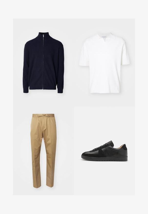 Marineblauer Reißverschluss-Pullover mit hohem Kragen, strukturiertem Rippstoff, langen Ärmeln und einem Metallreißverschluss.; Weißes kurzärmliges Poloshirt mit Kragen und einem dezenten V-Ausschnitt. Hergestellt aus weichem Stoff mit einer glatten Textur.; Beige Hose mit elastischem Taillengummi und verstellbarem Kordelzug. Glatte Textur, gerade Beine und minimalistisches Design.; Tiger of Sweden BELLICU - Sneaker low - black