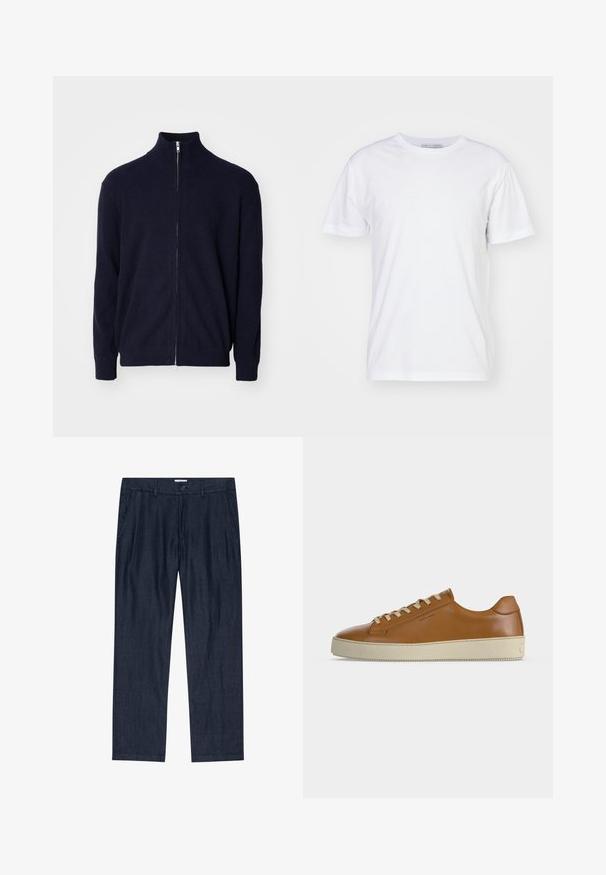 Marine-blauwe rits trui met hoge kraag, gestructureerde ribstof, lange mouwen en een metalen ritsluiting.; Witte katoenen T-shirt met een ronde hals, korte mouwen en een rechte snit. Geen patronen of versieringen, gladde textuur en eenvoudig ontwerp.; Donkerblauwe, recht gesneden broek met steekzakken aan de voorkant, lussen voor een riem en knoopsluiting in de taille.; Lage bruine leren sneaker met crèmekleurige veters en dikke crèmekleurige rubberen zool, zijaanzicht op witte achtergrond.