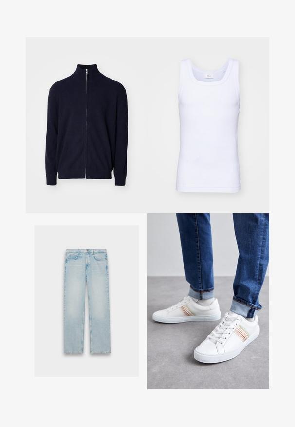 Marineblauer Reißverschluss-Pullover mit hohem Kragen, strukturiertem Rippstoff, langen Ärmeln und einem Metallreißverschluss.; Weißes Baumwoll-Top ohne Ärmel mit rundem Ausschnitt, ausgestattet mit einer glatten Textur und einer figurbetonten Form, ideal für die Freizeit.; Hellblaue Jeans aus Denim mit geradem Bein, fünf Taschen und einem verwaschenen Finish. Metallbeschläge und gestickte Details sind sichtbar.; Weiße Leder-Sneaker mit mehrfarbigen Streifen, Schnürdesign, Gummisohle und gepolstertem Kragen, kombiniert mit blauen Jeans.